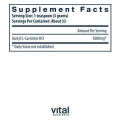 Vital Nutrients Acetyl L-Carnitine bottle closeup with label details