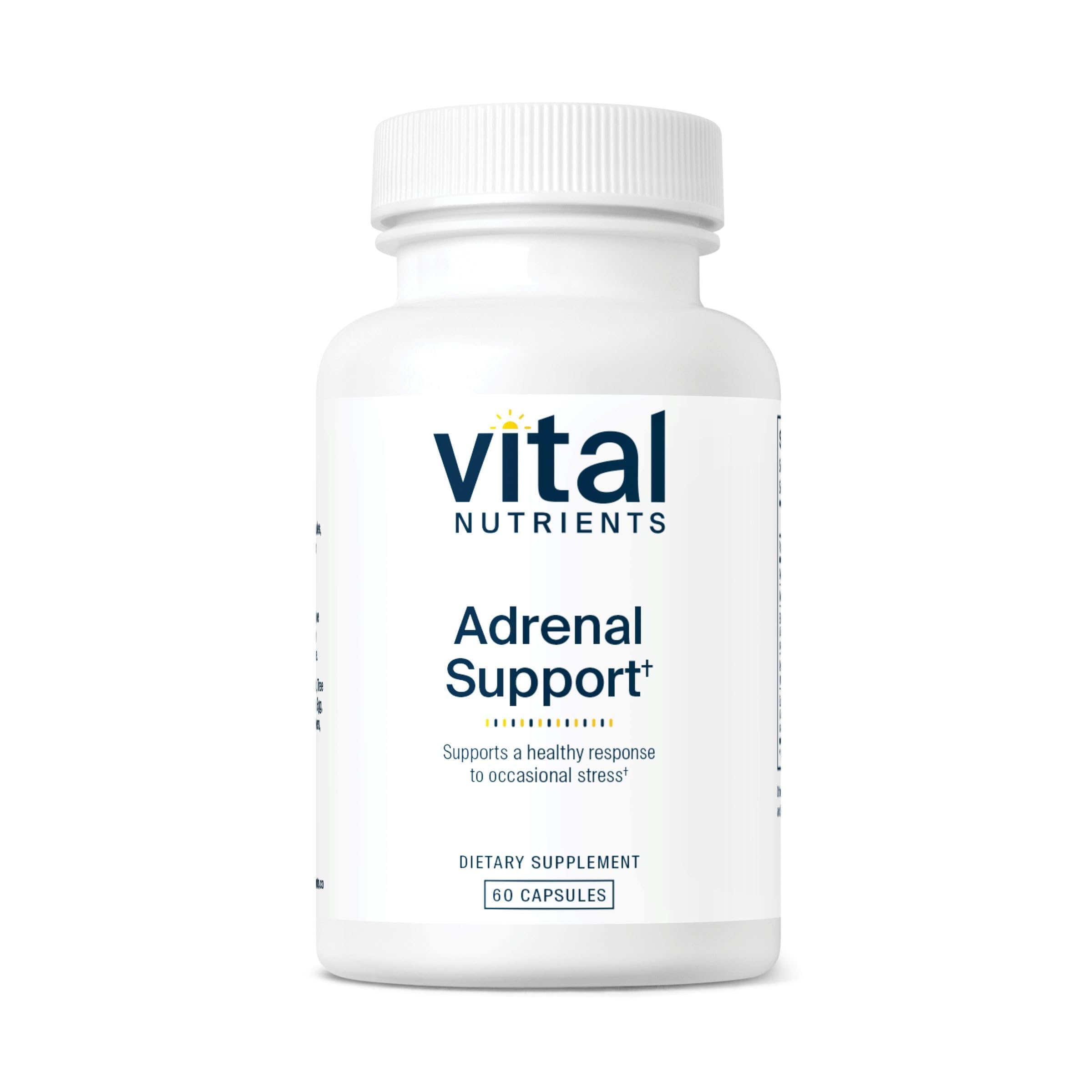 Vital Nutrients Adrenal Support bottle front showing gluten-free allergen-free formula for daily use.