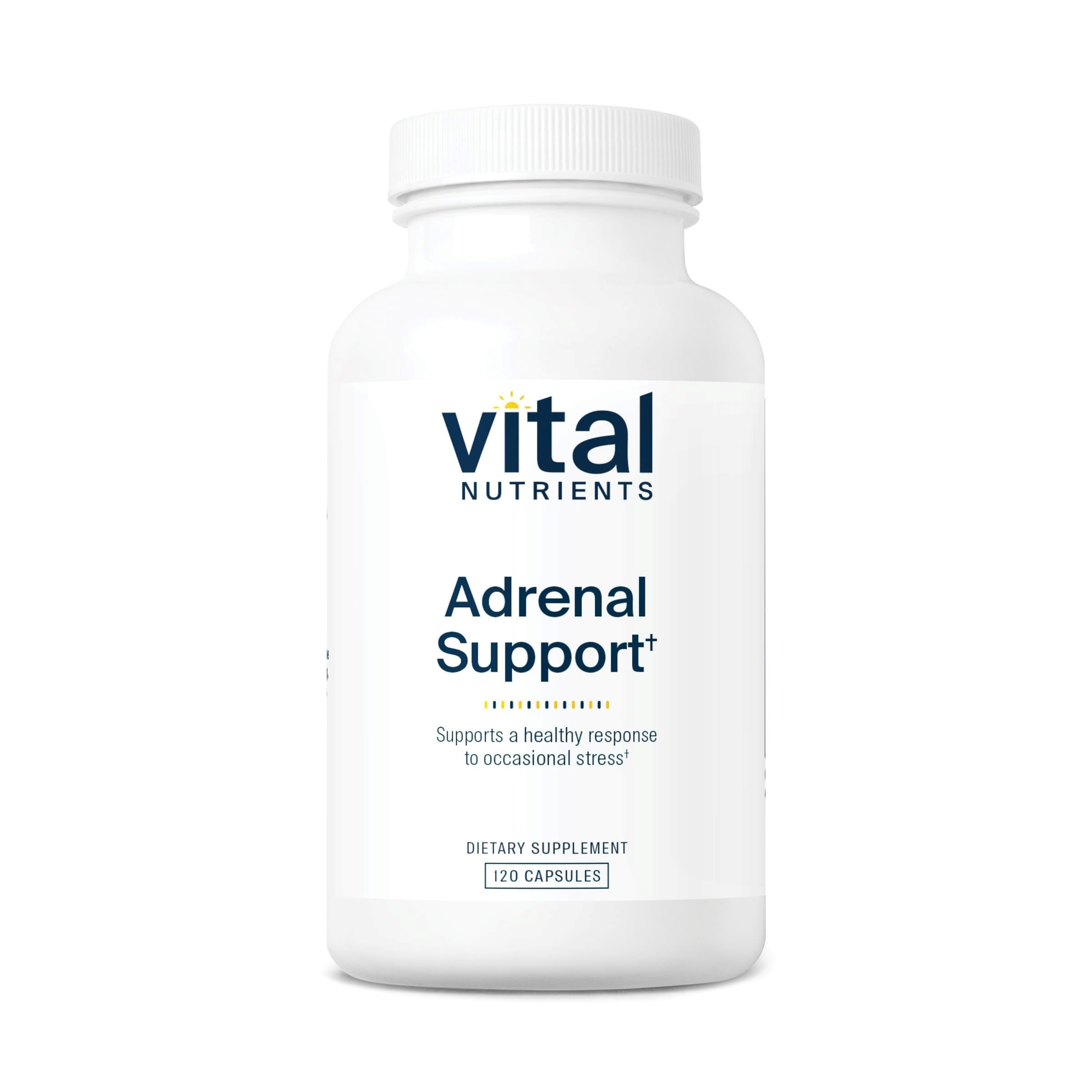 Vital Nutrients Adrenal Support bottle front view showing capsules for daily stress and energy balance