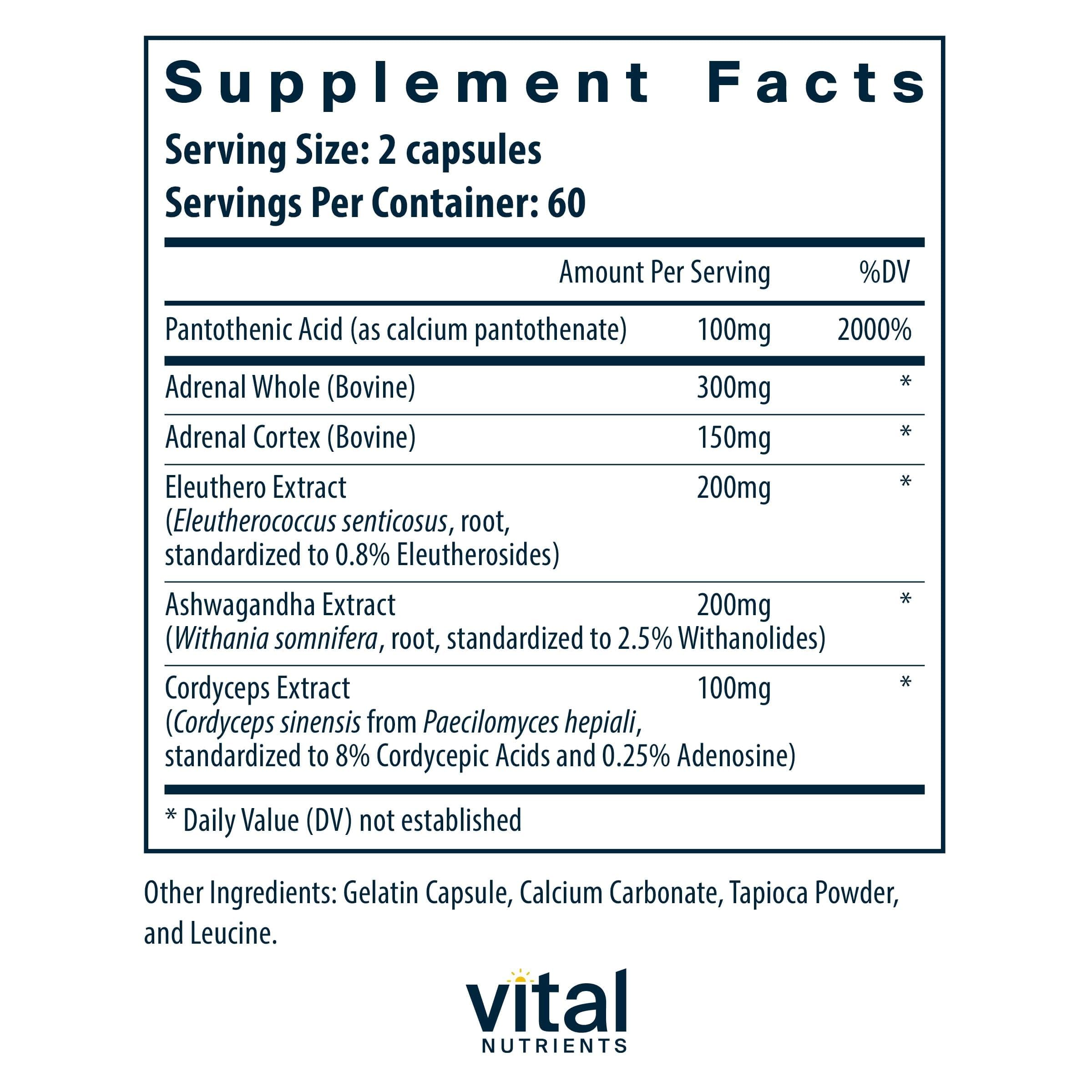 Vital Nutrients Adrenal Support bottle label close-up emphasizing ingredients and clean-label quality