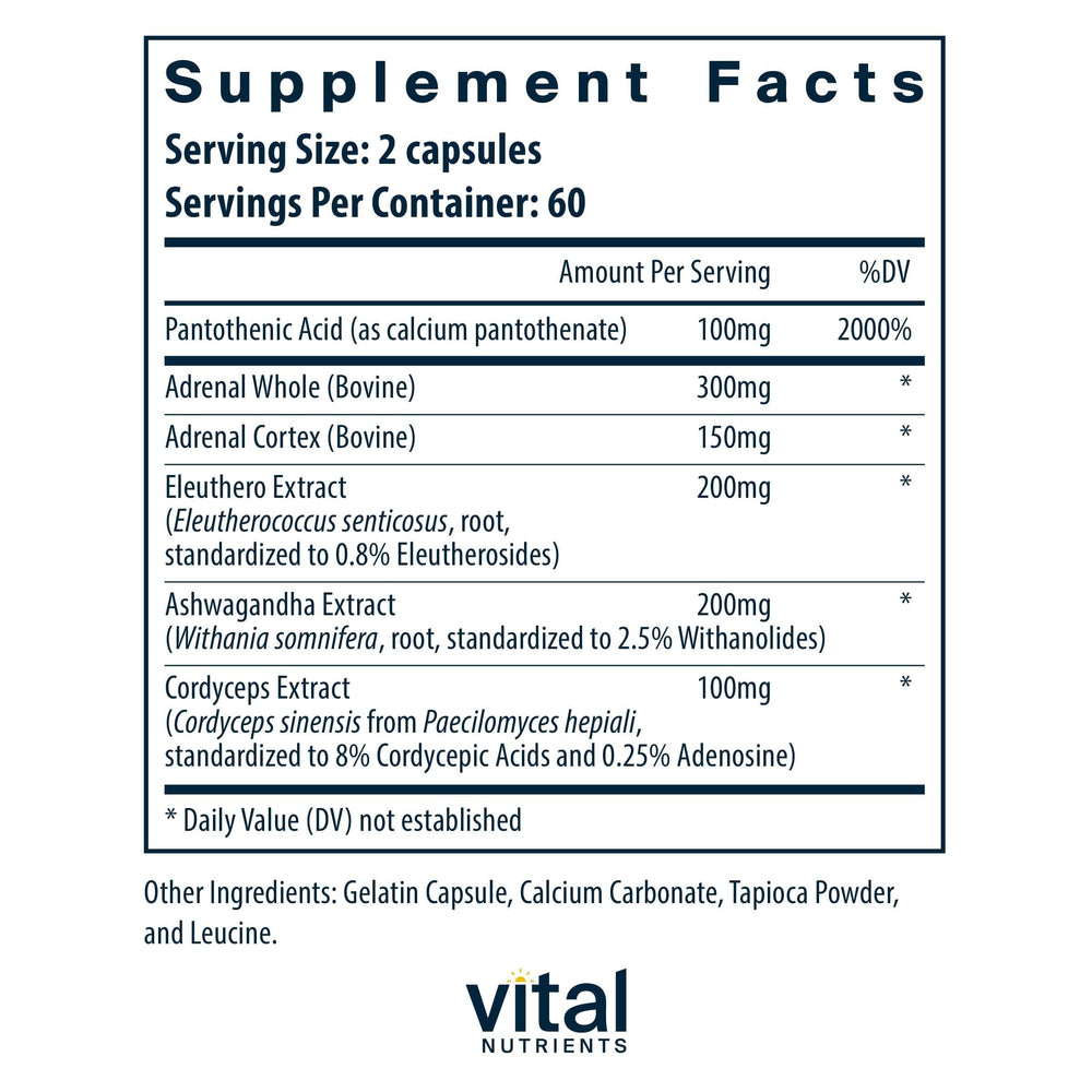 Vital Nutrients Adrenal Support bottle label close-up emphasizing ingredients and clean-label quality