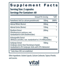 Vital Nutrients Adrenal Support bottle label close-up emphasizing ingredients and clean-label quality