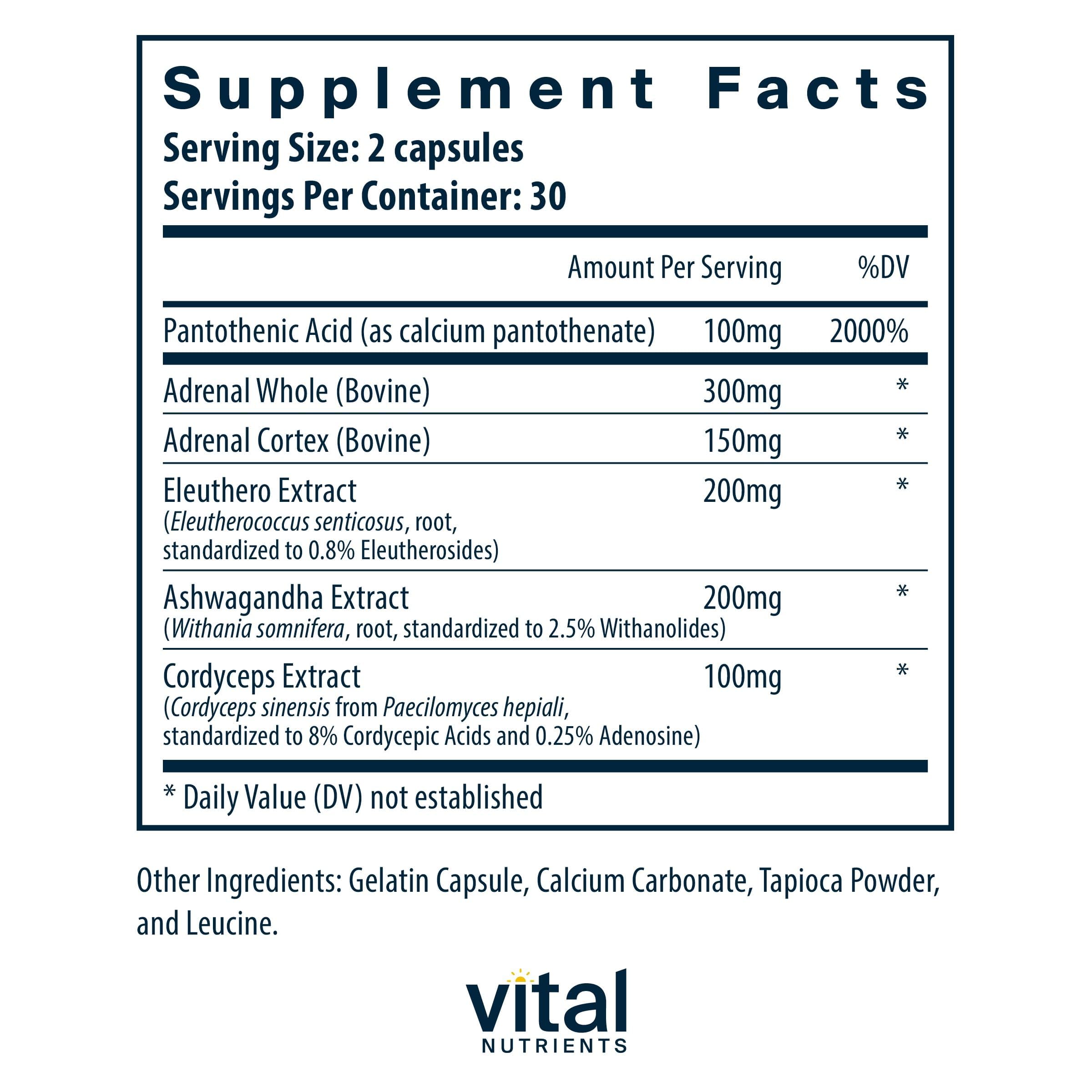 Vital Nutrients Adrenal Support capsules close-up highlighting convenient daily capsules for stress management.
