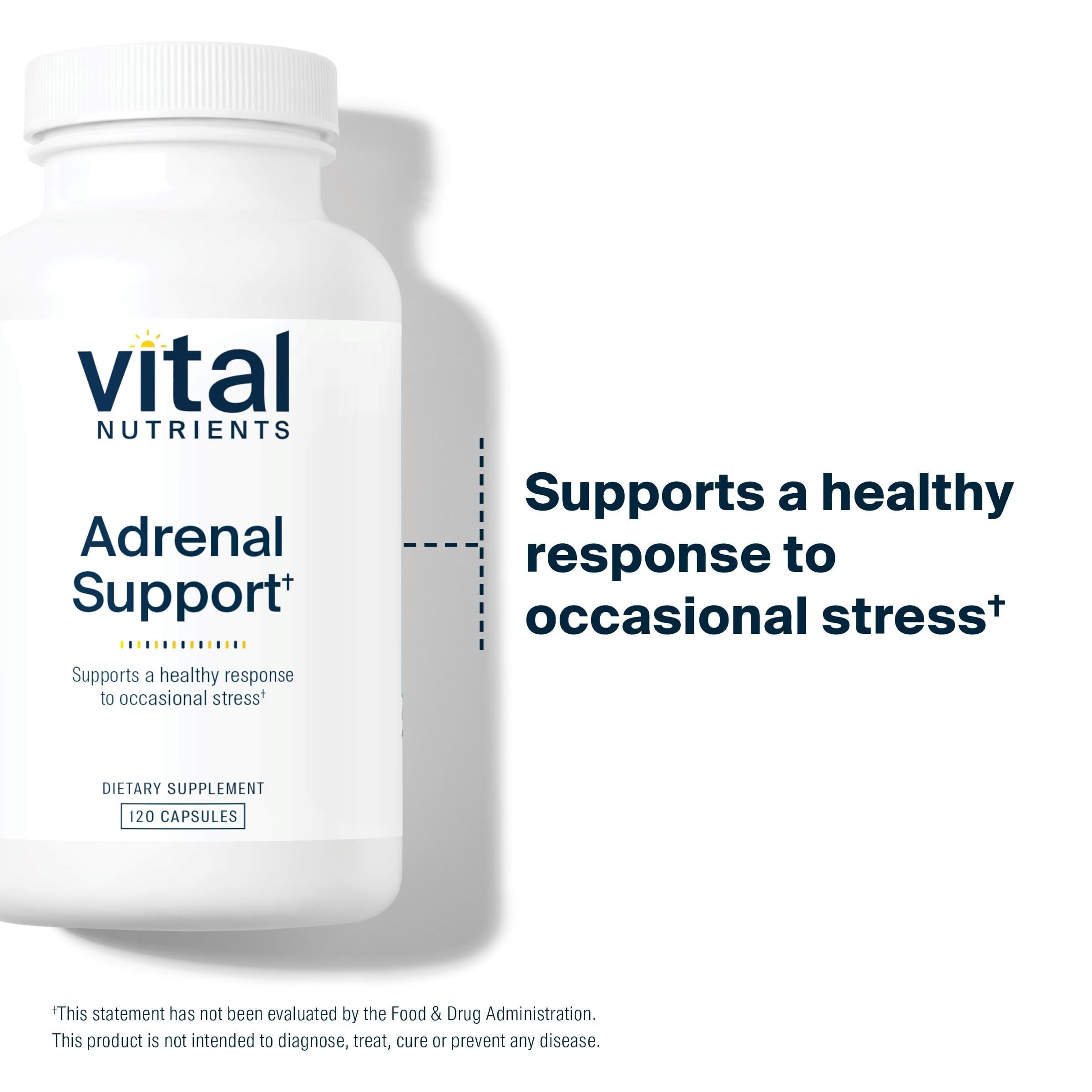 Vital Nutrients Adrenal Support capsules close-up, easy-to-swallow form for daily use