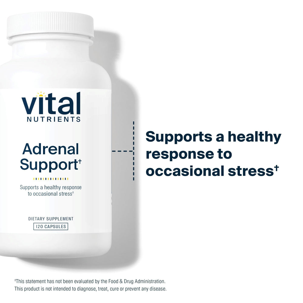 Vital Nutrients Adrenal Support capsules close-up, easy-to-swallow form for daily use