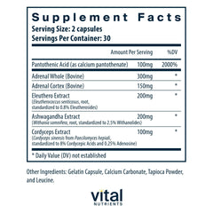 Vital Nutrients Adrenal Support capsules close-up highlighting convenient daily capsules for stress management.