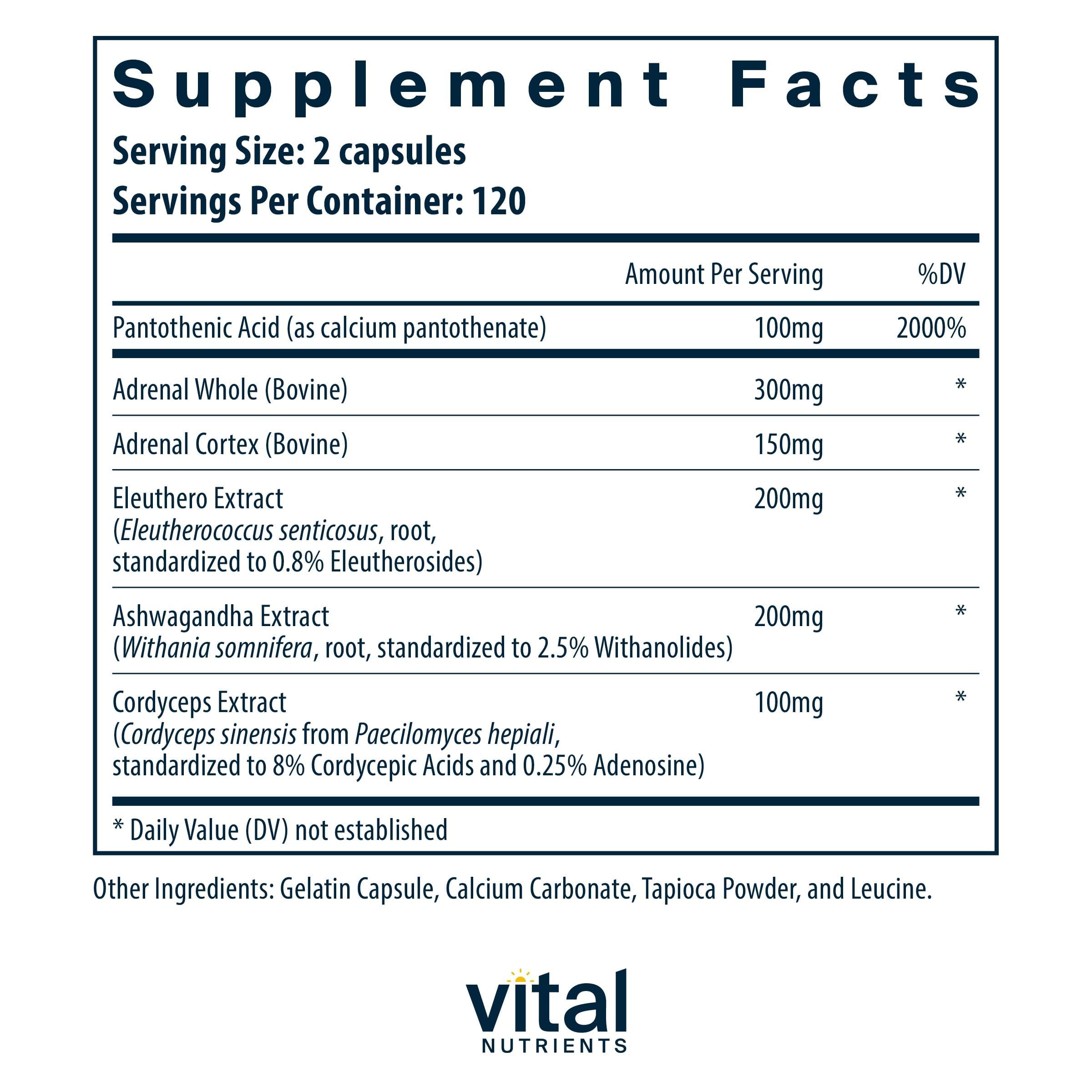 Vital Nutrients Adrenal Support bottle label showing clean allergen-conscious formula