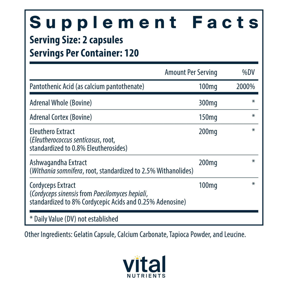 Vital Nutrients Adrenal Support bottle label showing clean allergen-conscious formula