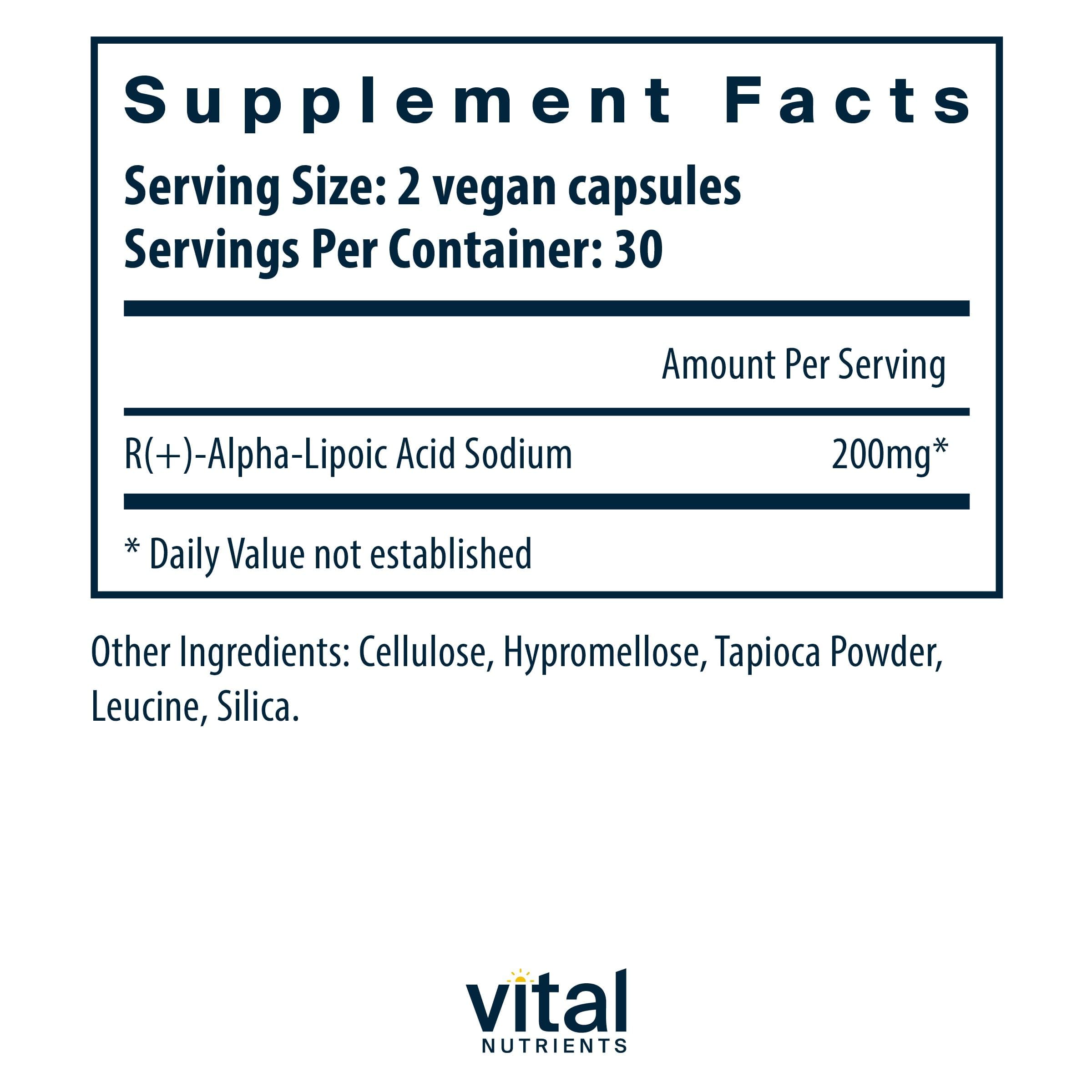 Vital Nutrients ALA capsules close-up highlights the vegan formula
