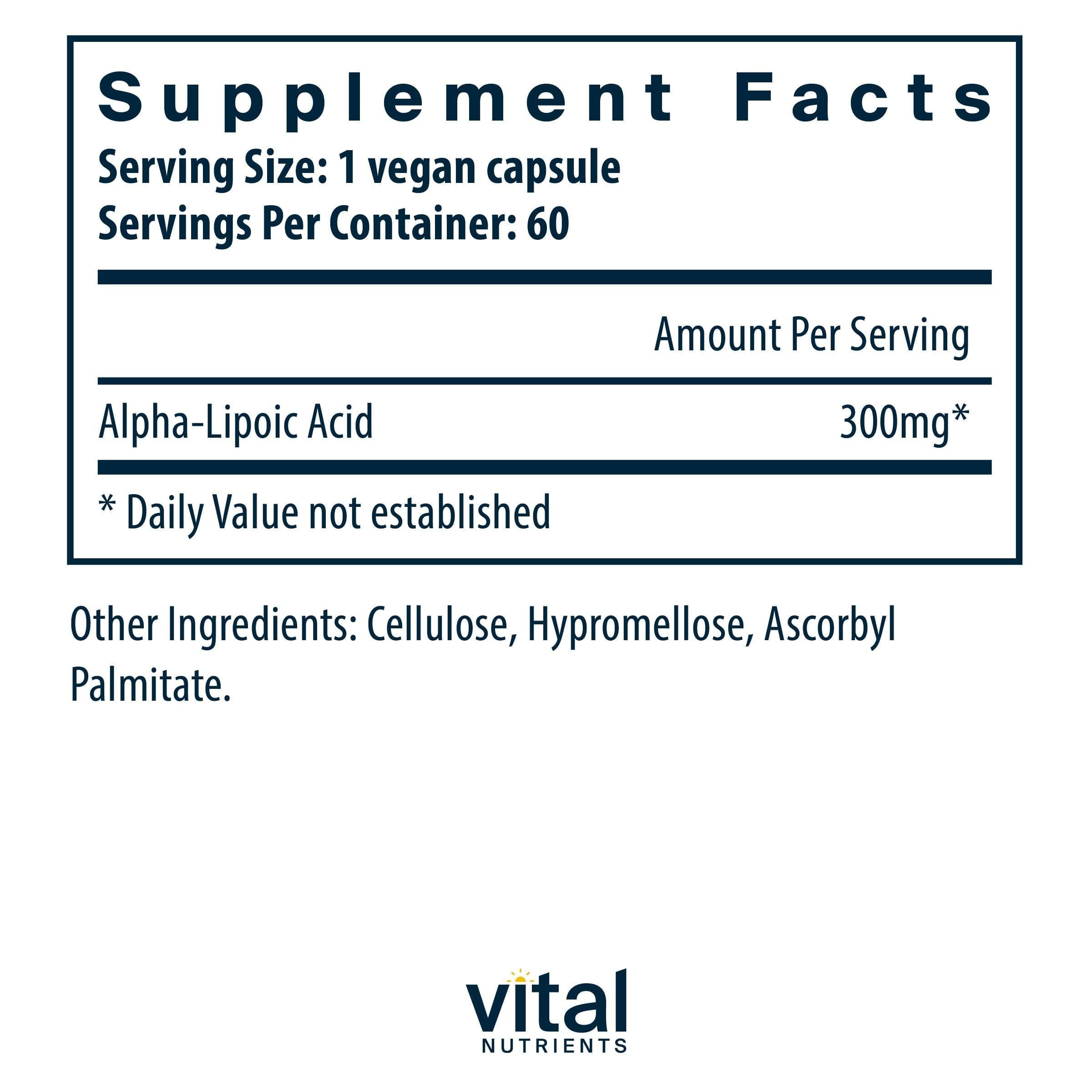 Vital Nutrients ALA capsules close-up highlighting convenient daily metabolism support.