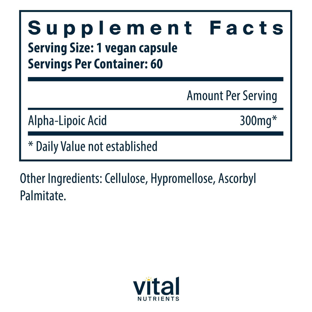 Vital Nutrients ALA capsules close-up highlighting convenient daily metabolism support.