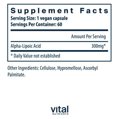 Vital Nutrients ALA capsules close-up highlighting convenient daily metabolism support.