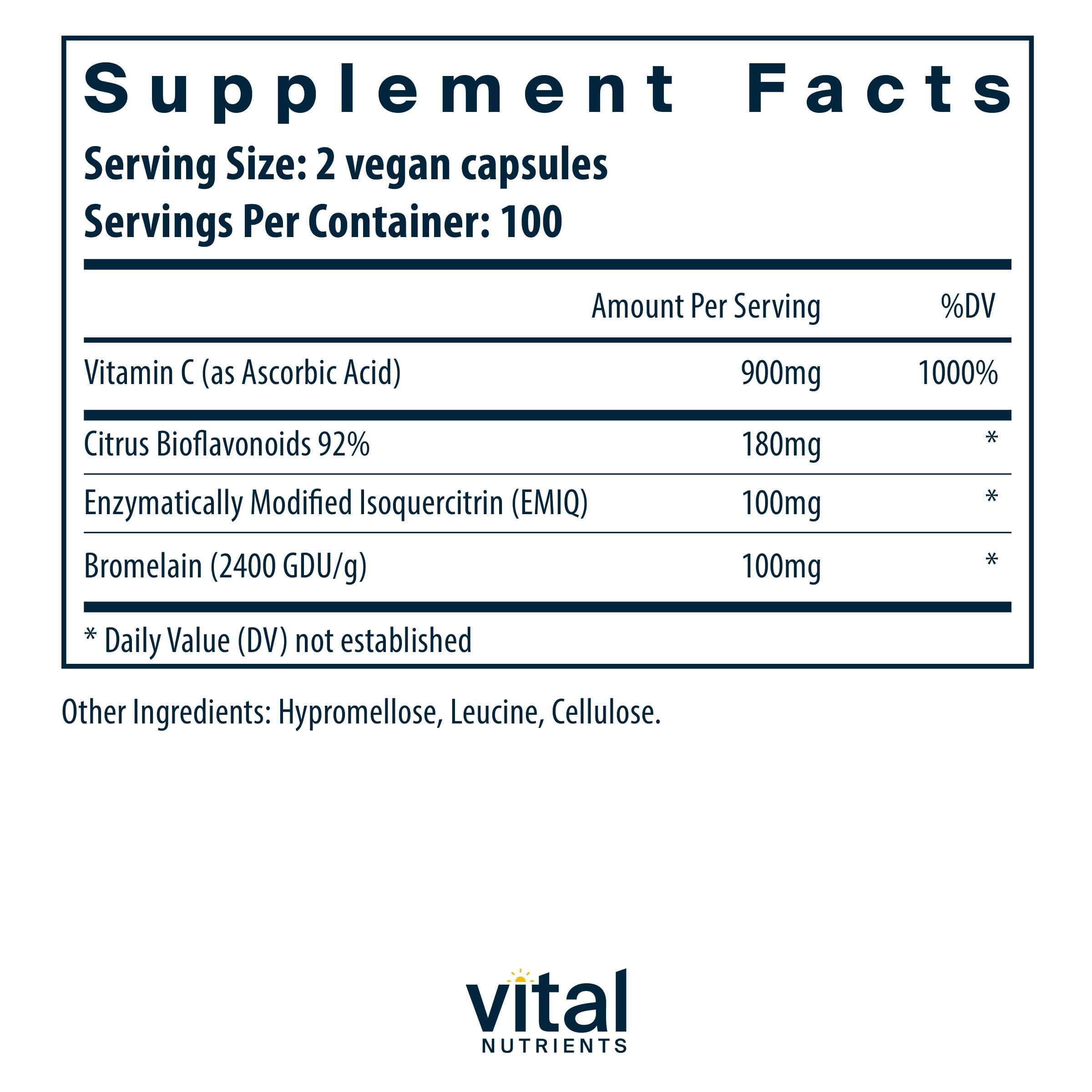Vital Nutrients Aller-C bottle back highlights allergen-free formula and key ingredients