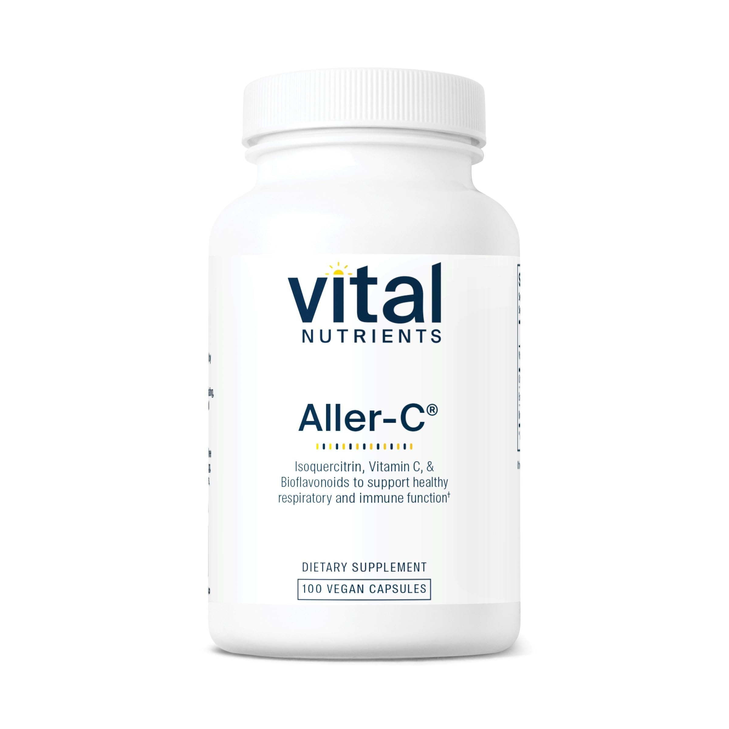 Vital Nutrients Aller-C bottle label showing vegan formula for seasonal support.
