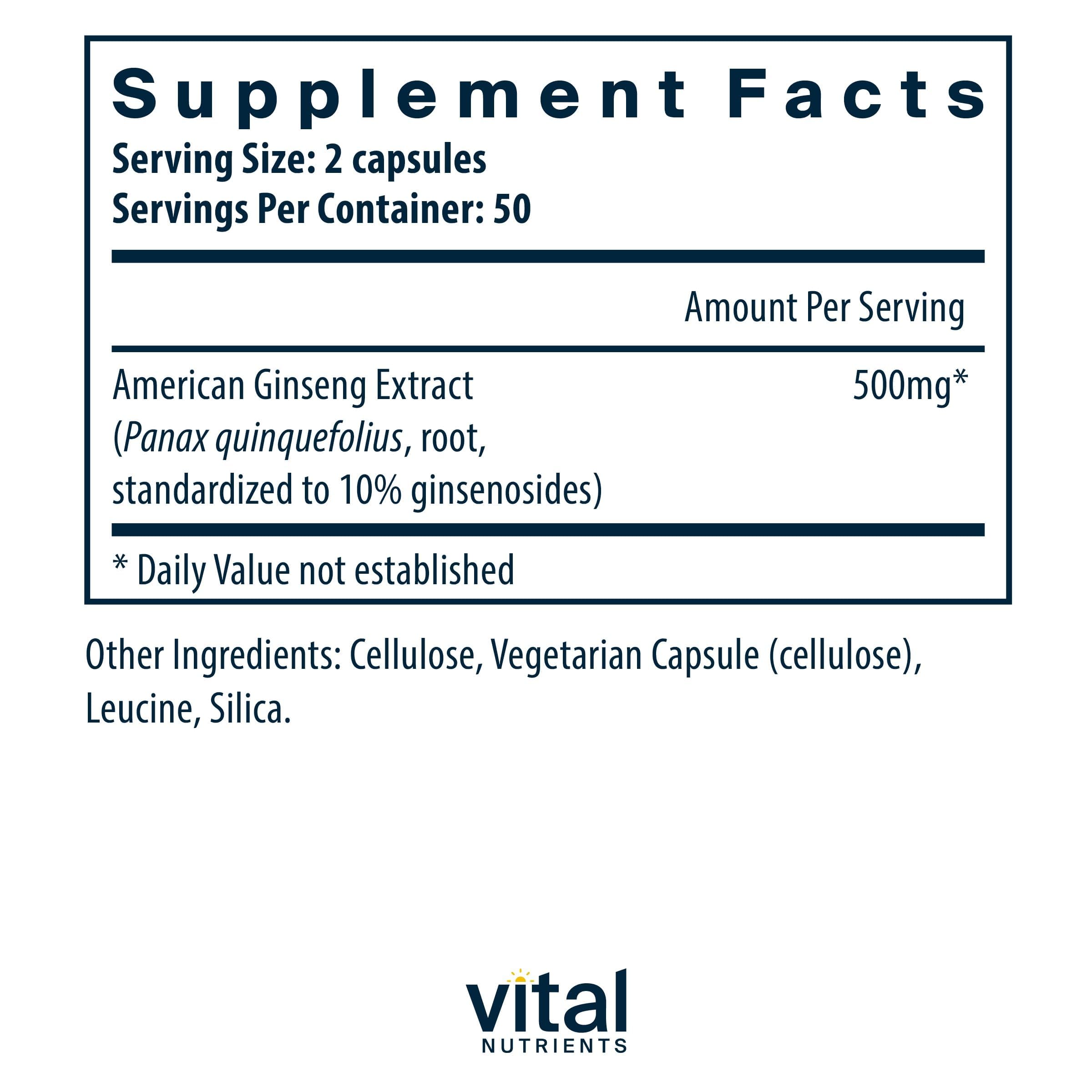 Vital Nutrients American Ginseng capsules front view indicating daily energy focus