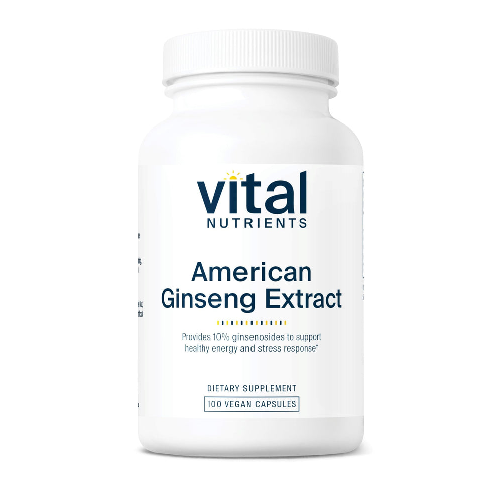 Vital Nutrients American Ginseng energy bottle closeup suggesting stamina support