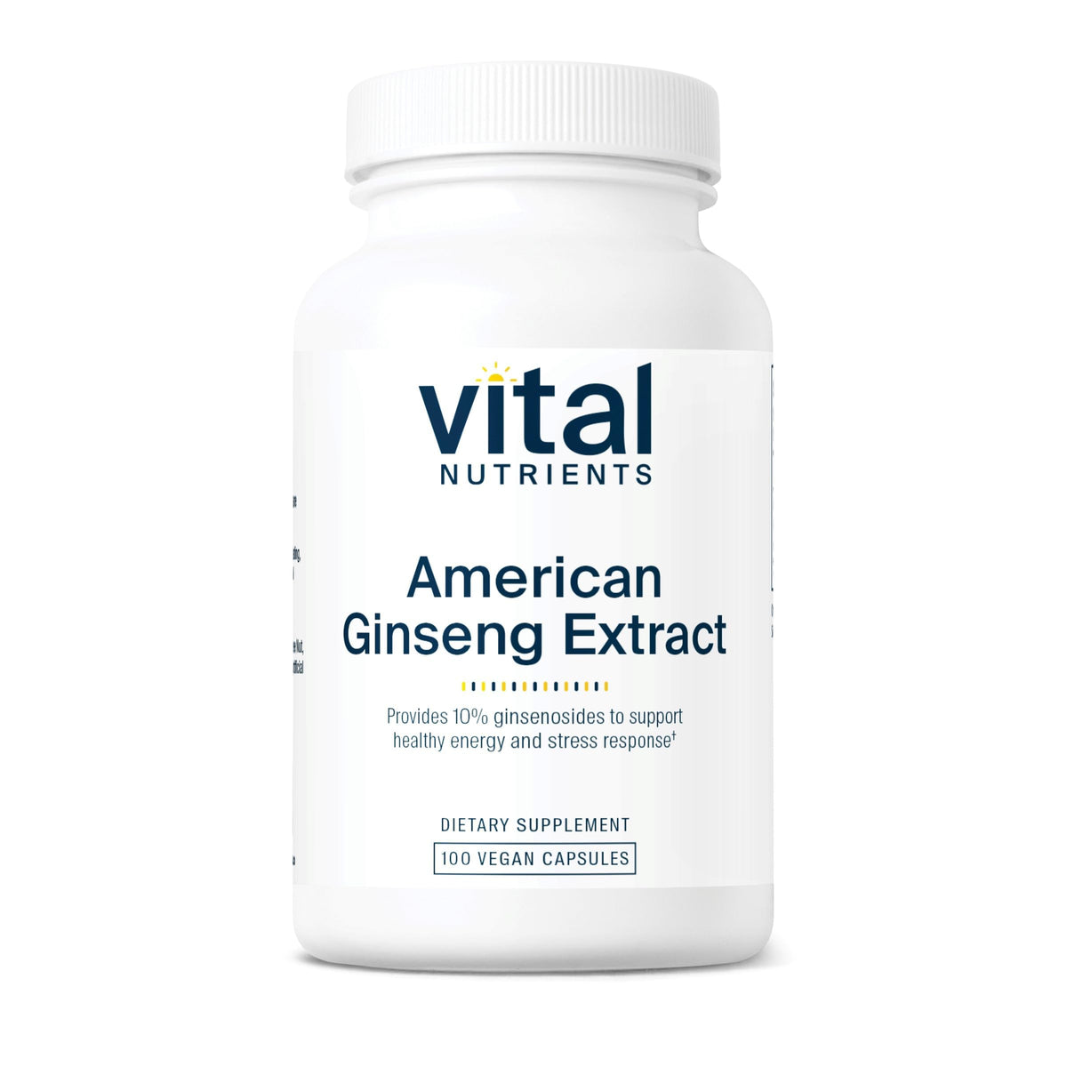 Vital Nutrients American Ginseng energy bottle closeup suggesting stamina support
