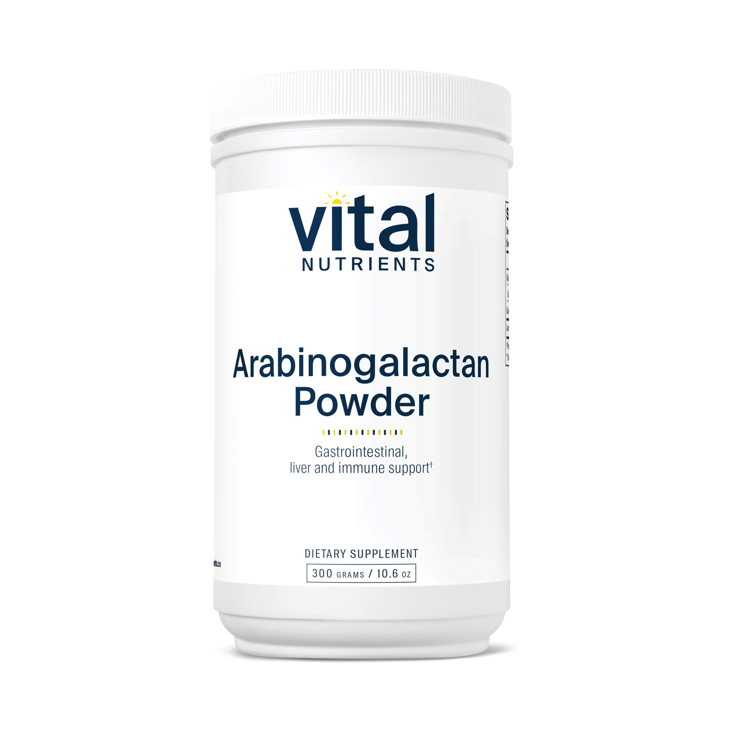 Vital Nutrients Arabinogalactan powder bottle close-up highlighting vegan fiber benefits