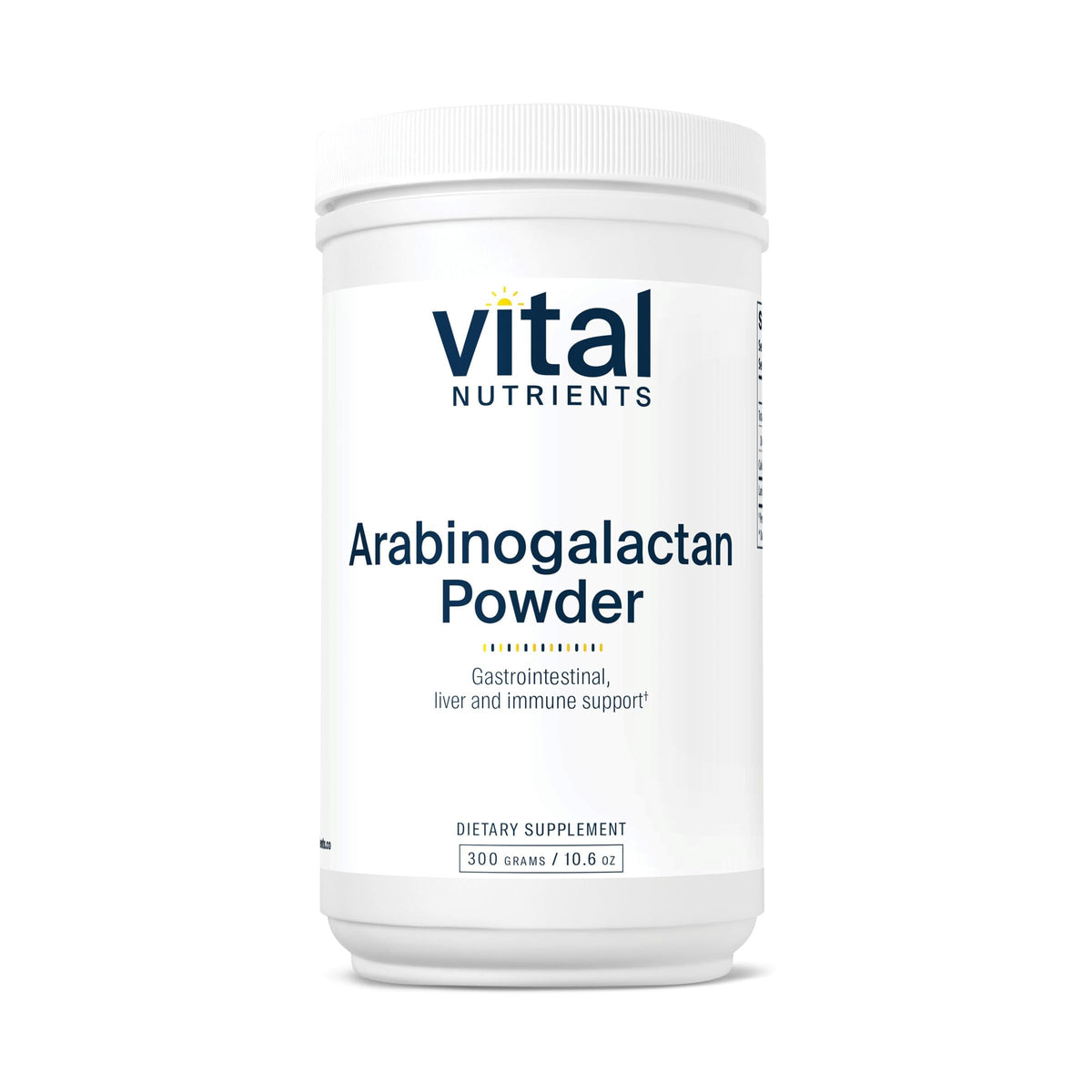 Vital Nutrients Arabinogalactan powder bottle close-up highlighting vegan fiber benefits