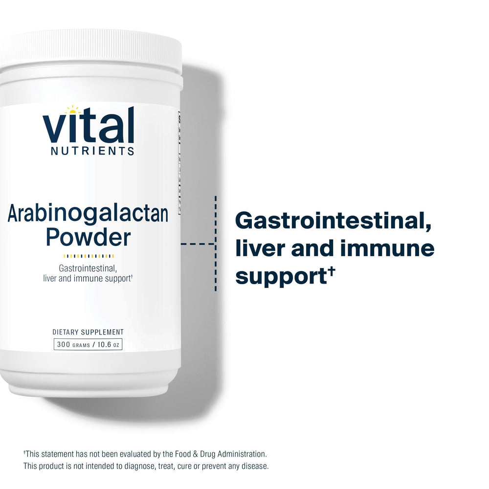 Vital Nutrients Arabinogalactan powder ingredient list shows Non-GMO, gluten-free formula