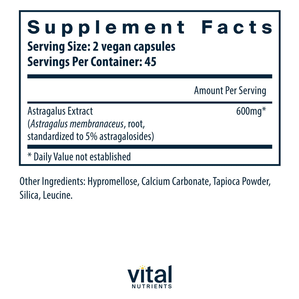 Vital Nutrients astragalus capsules close-up highlighting vegan formula and purity.