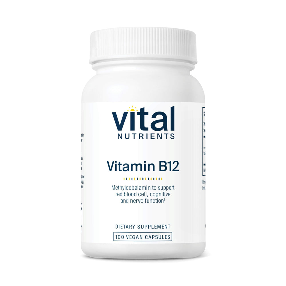 Vital Nutrients B12 1000mcg bottle shows vegan methylcobalamin for energy metabolism