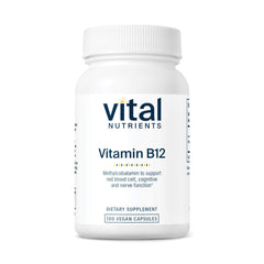 Vital Nutrients B12 1000mcg bottle shows vegan methylcobalamin for energy metabolism