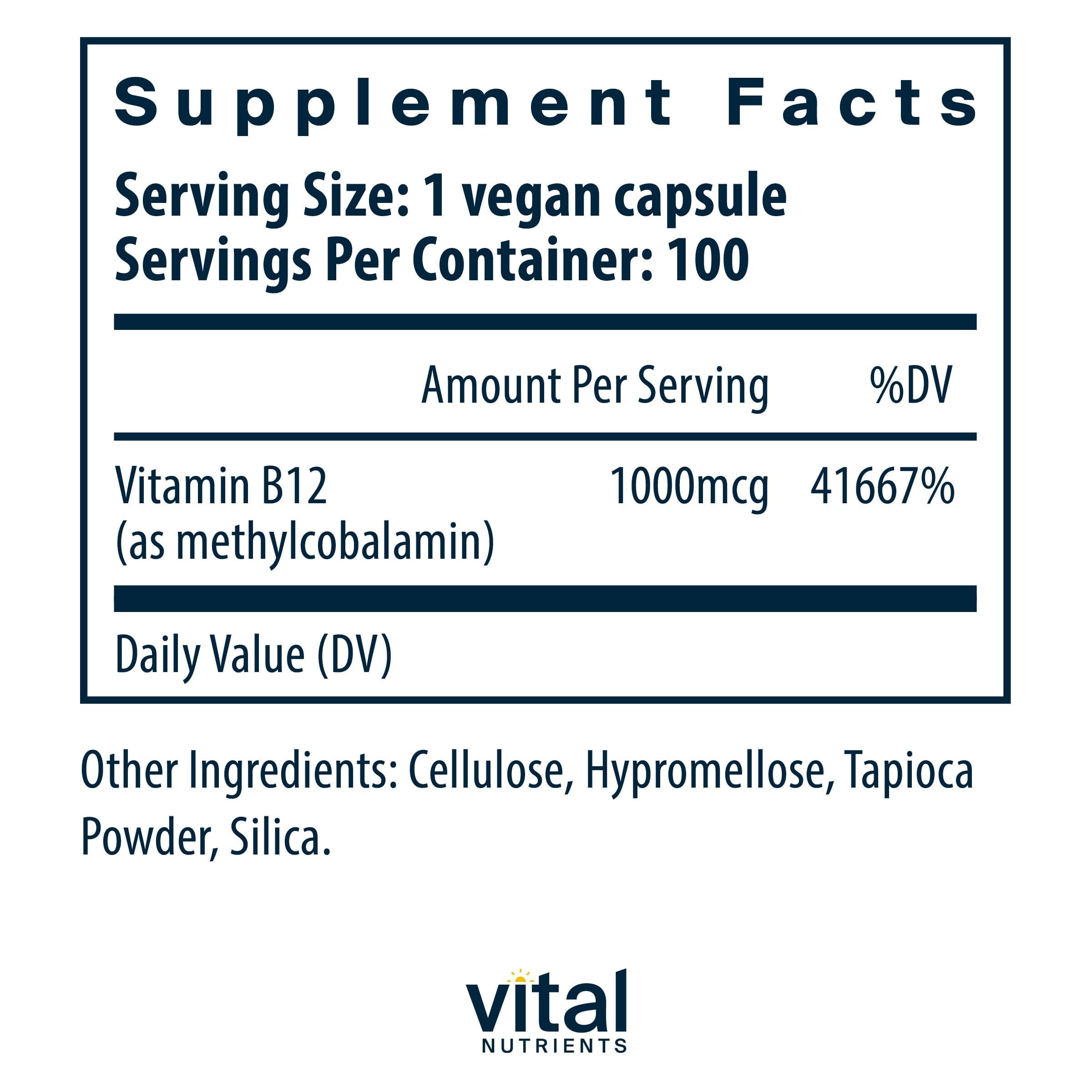 Vital Nutrients B12 1000mcg capsules highlight high potency for nerve support