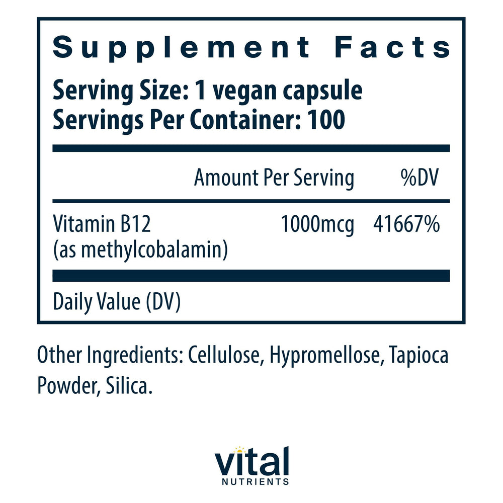 Vital Nutrients B12 1000mcg capsules highlight high potency for nerve support