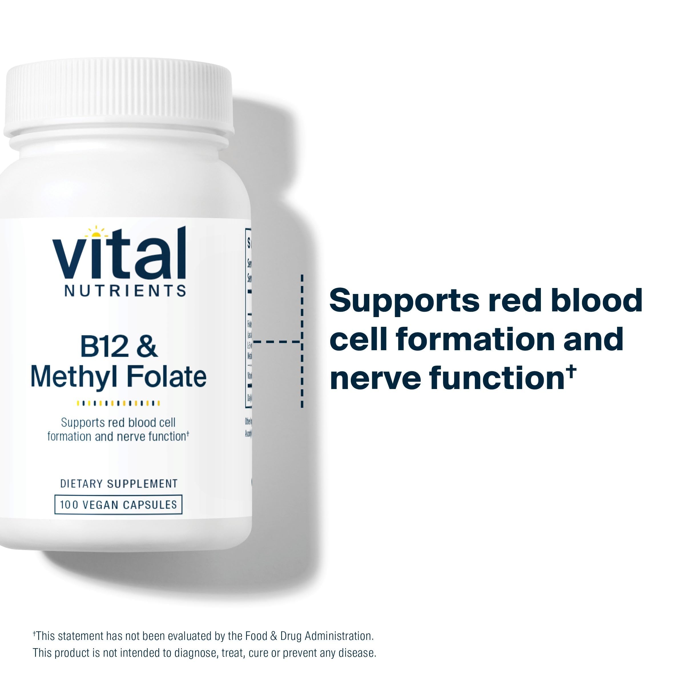 Vital Nutrients B12 methylcobalamin label close-up emphasizes clean vegan formula.