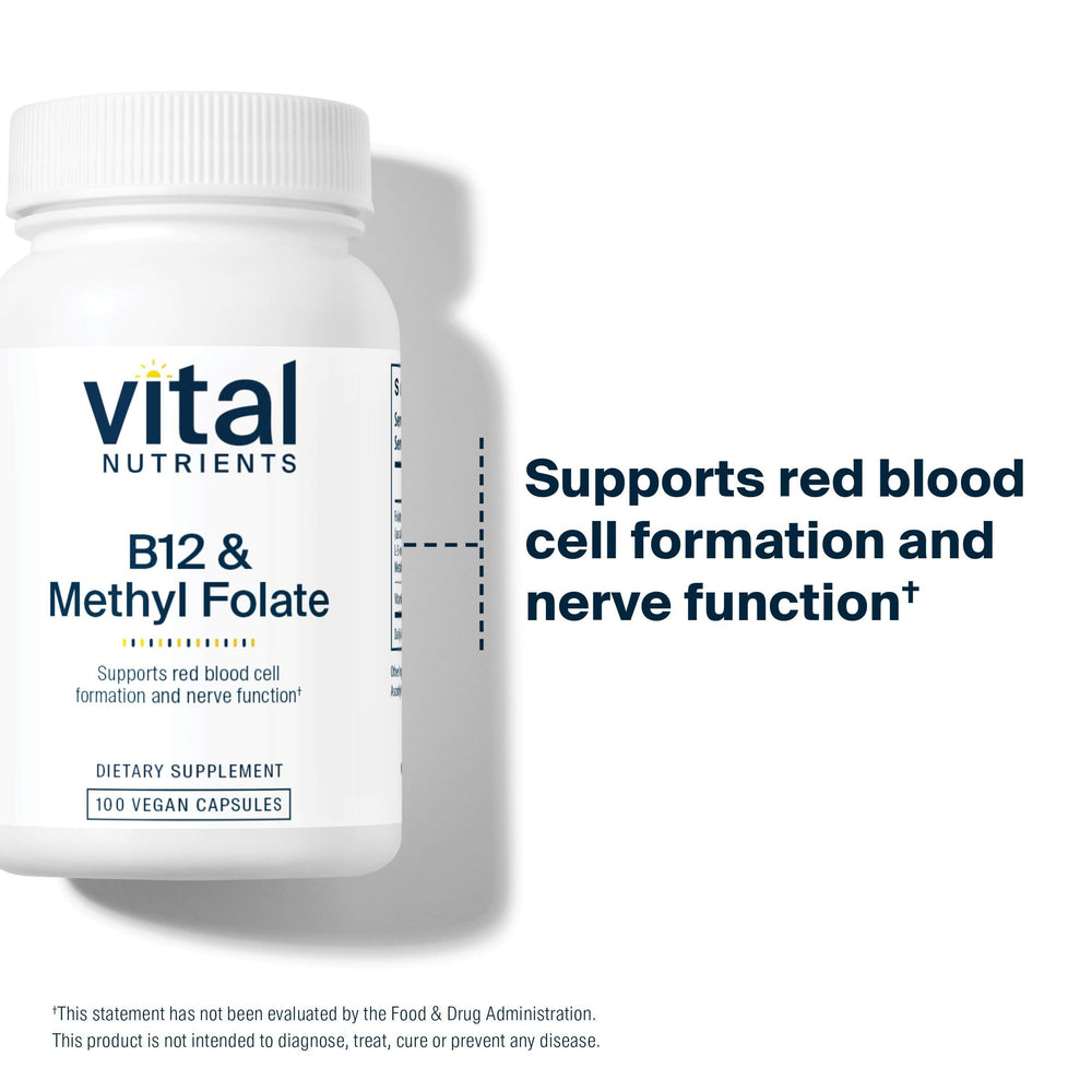 Vital Nutrients B12 methylcobalamin label close-up emphasizes clean vegan formula.