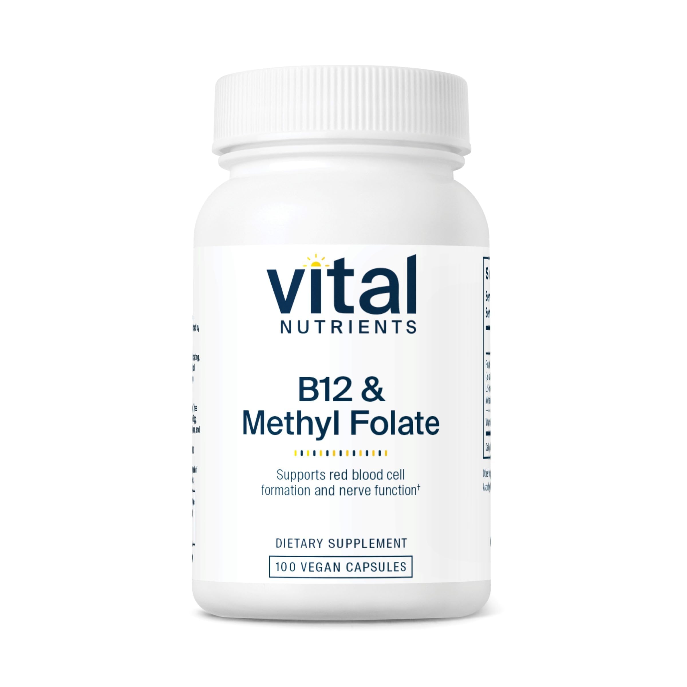 Vital Nutrients B12 and Methyl Folate bottle pour supports easy daily supplementation.