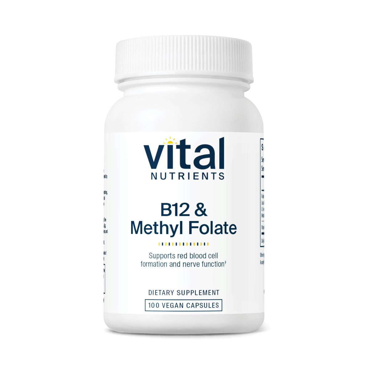 Vital Nutrients B12 and Methyl Folate bottle pour supports easy daily supplementation.