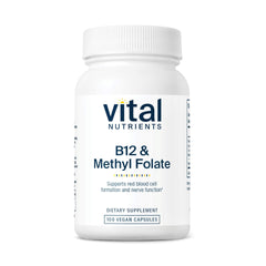 Vital Nutrients B12 and Methyl Folate bottle pour supports easy daily supplementation.