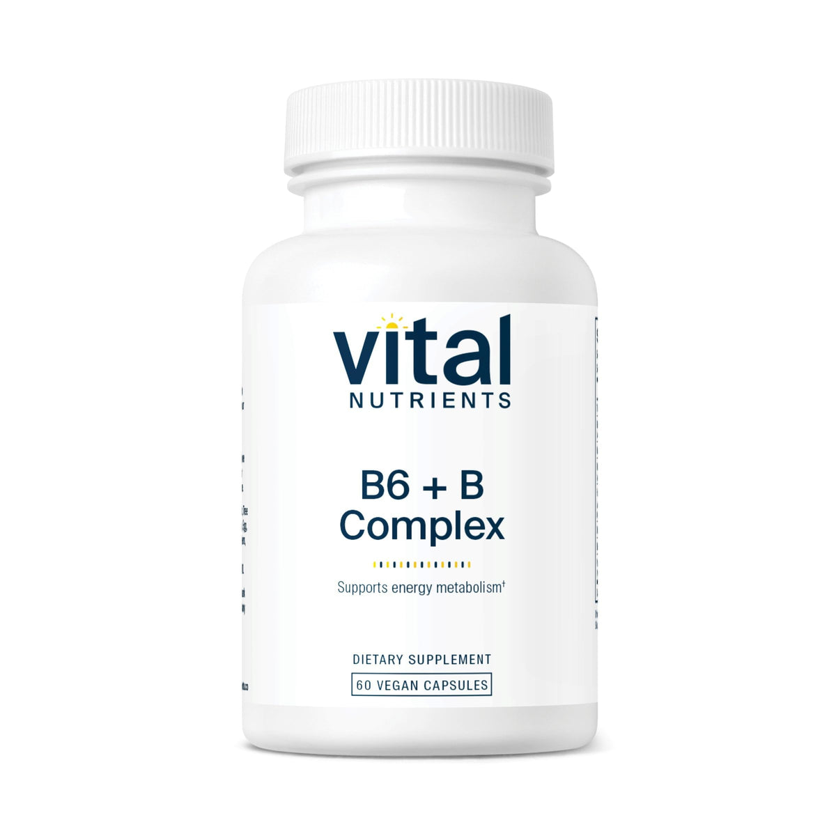 Vital Nutrients B6 + B Complex bottle cap highlights energy support and vegan formula