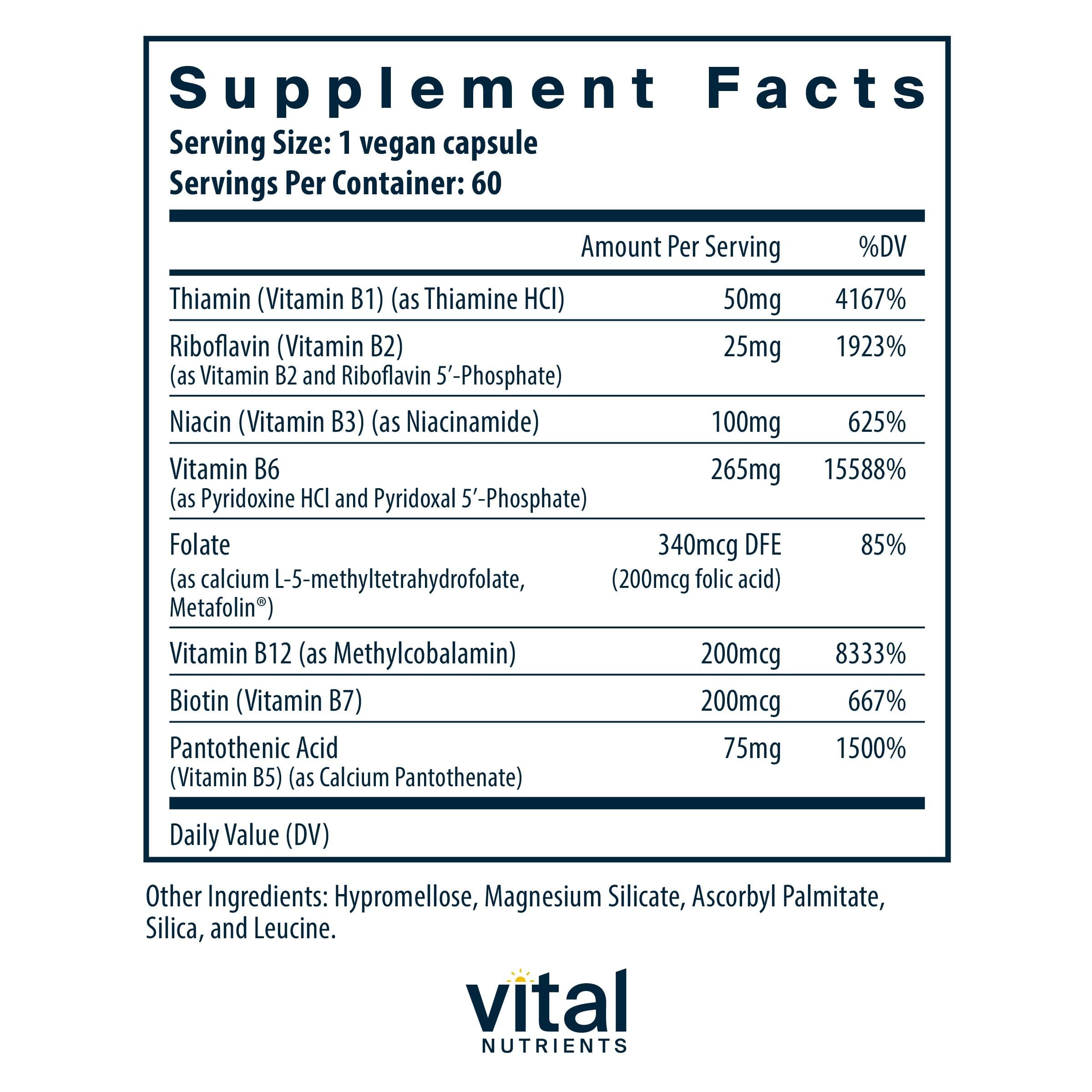Vital Nutrients B6 + B Complex capsules on table suggest daily metabolism support