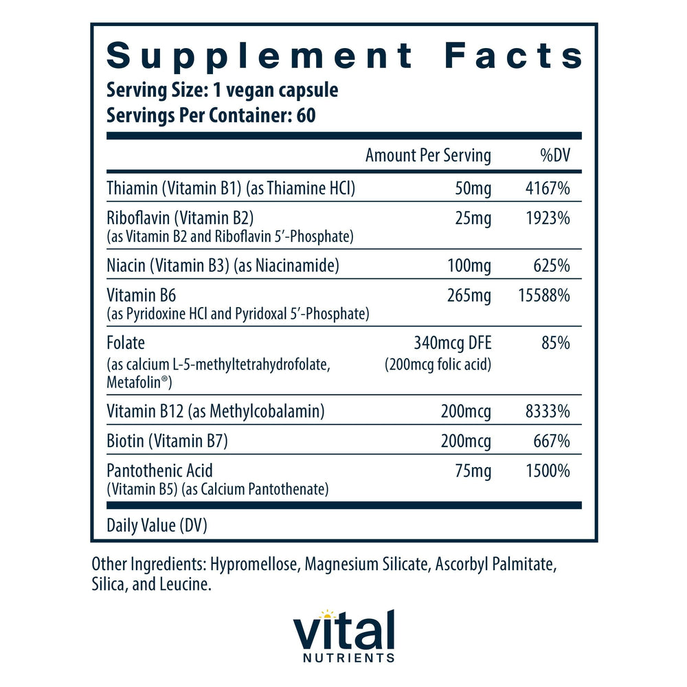 Vital Nutrients B6 + B Complex capsules on table suggest daily metabolism support