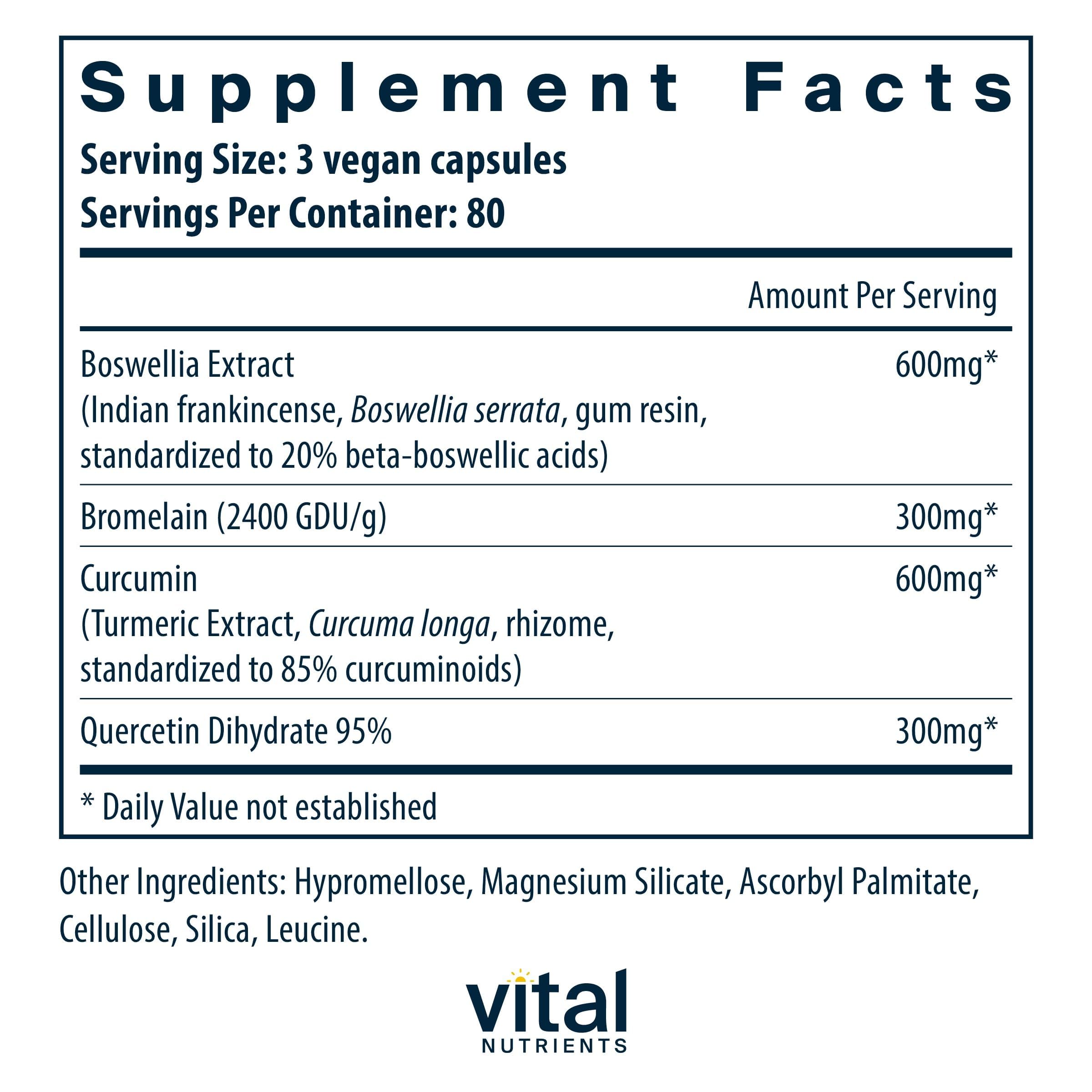 Vital Nutrients BCQ bottle back label highlighting vegan formula and ingredients.