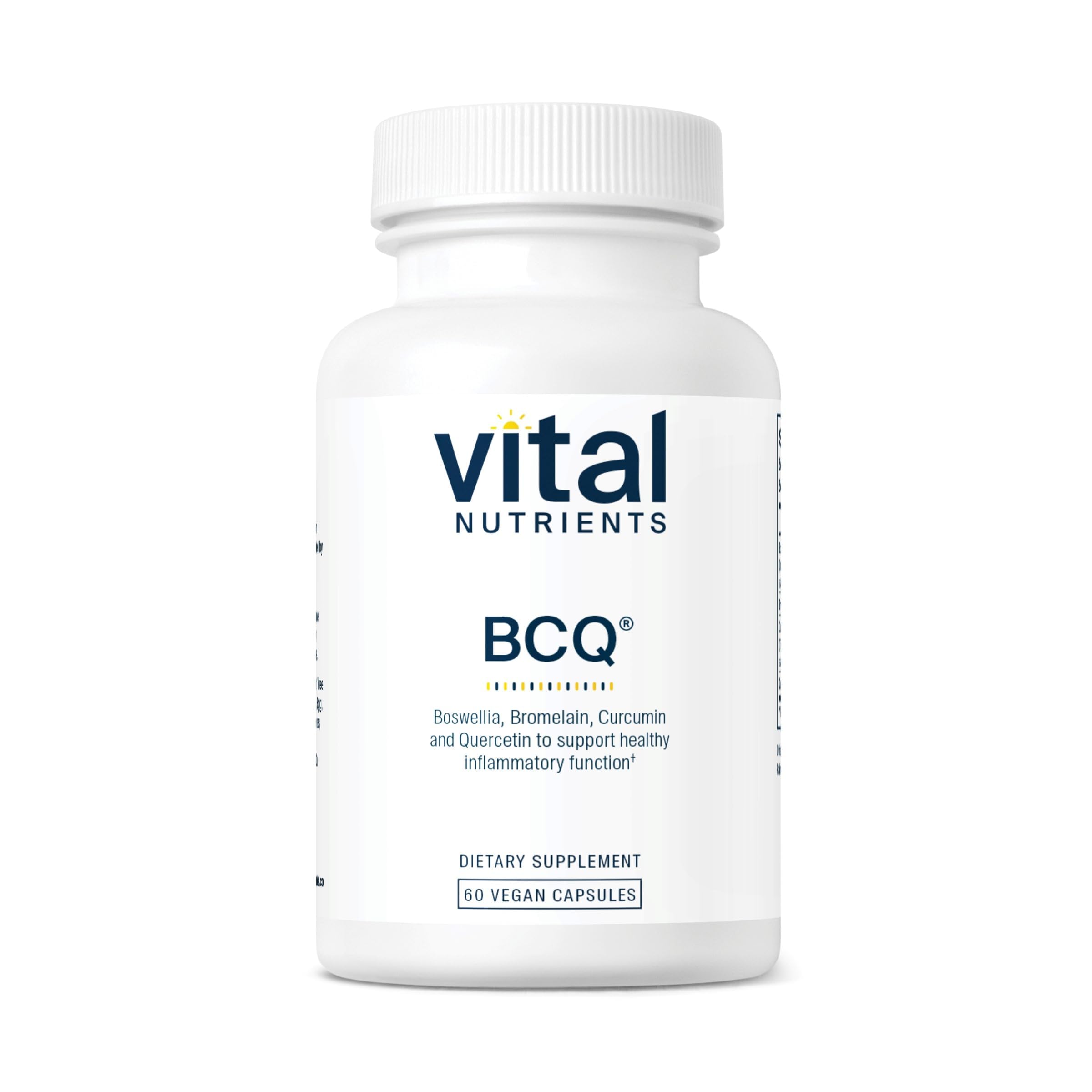 Vital Nutrients BCQ bottle front showing vegan joint support formula for everyday comfort.