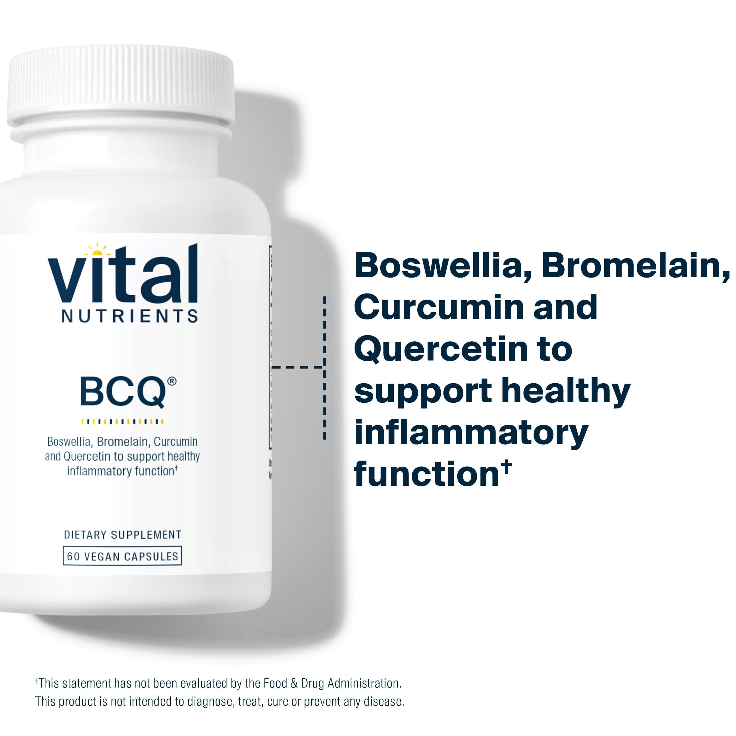 Vital Nutrients BCQ capsules closeup emphasizes vegan, allergen-free composition.