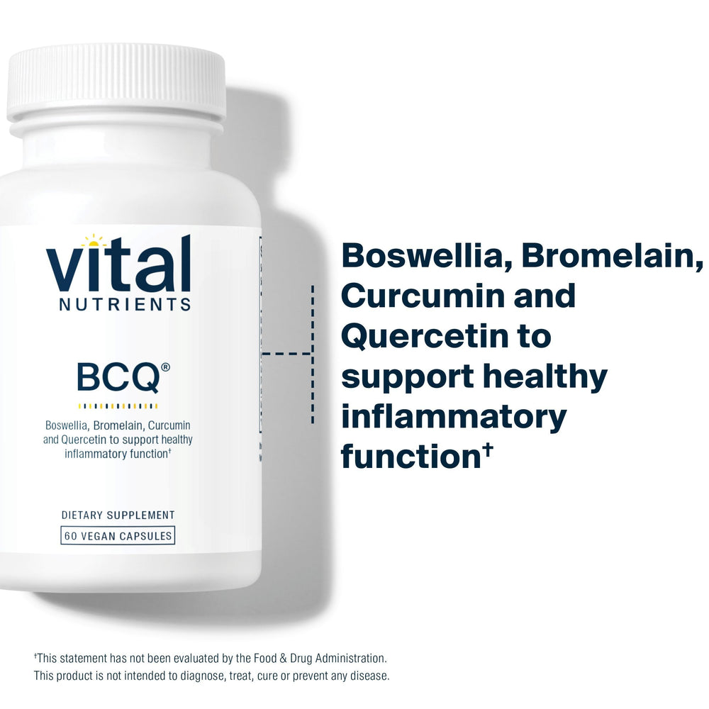 Vital Nutrients BCQ capsules closeup emphasizes vegan, allergen-free composition.
