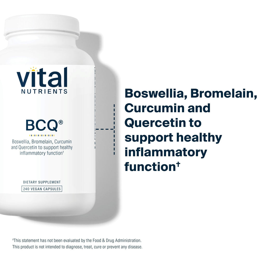 Vital Nutrients BCQ capsules close-up, vegan blend for joint and digestion support.