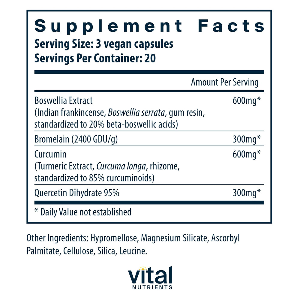 Vital Nutrients BCQ ingredients closeup highlights boswellia, curcumin, and bromelain potency.