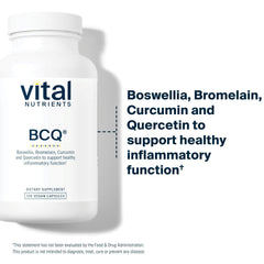 Vital Nutrients BCQ label closeup highlights vegan ingredients and allergen-free claim.
