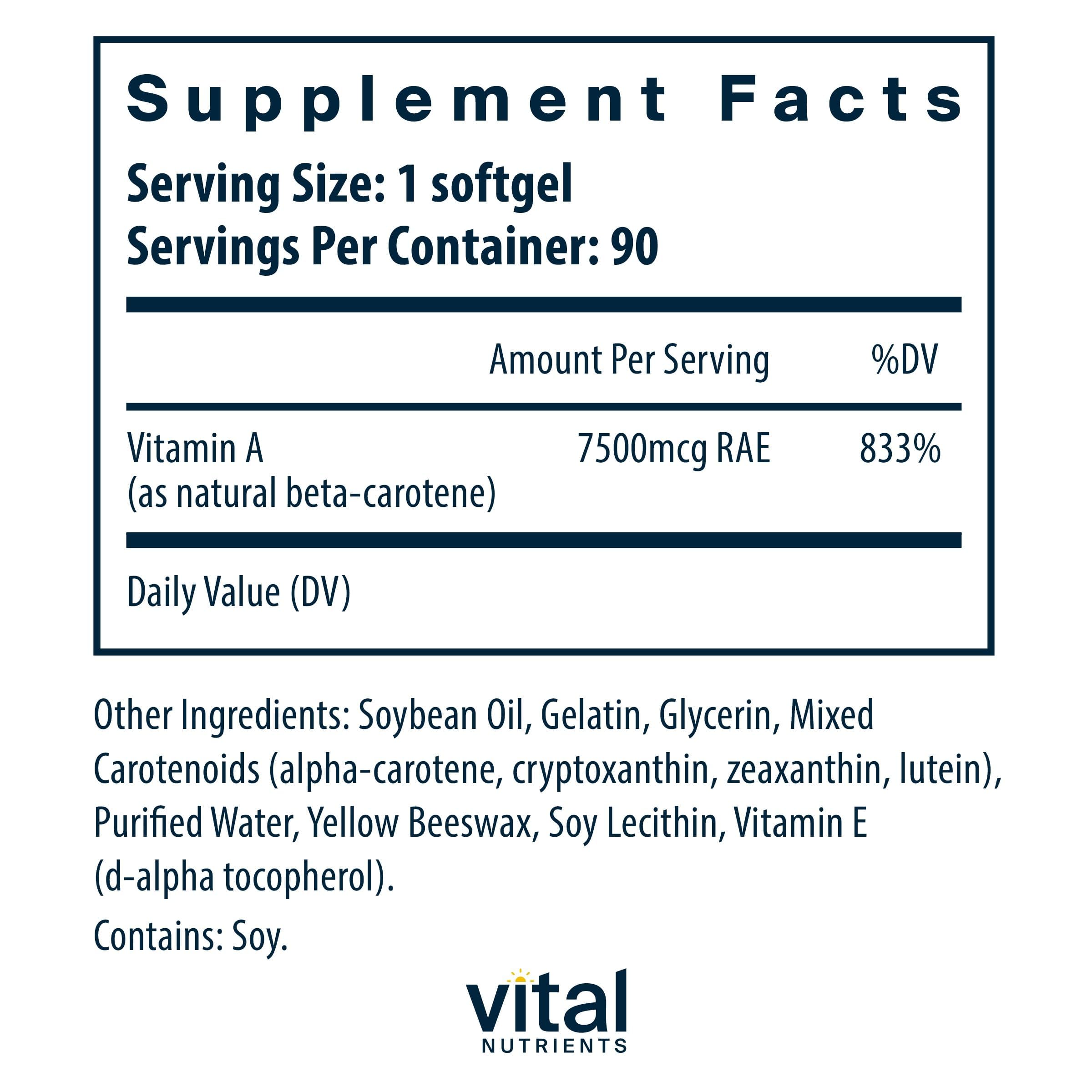 Vital Nutrients beta carotene capsules close-up showing convenient softgels.