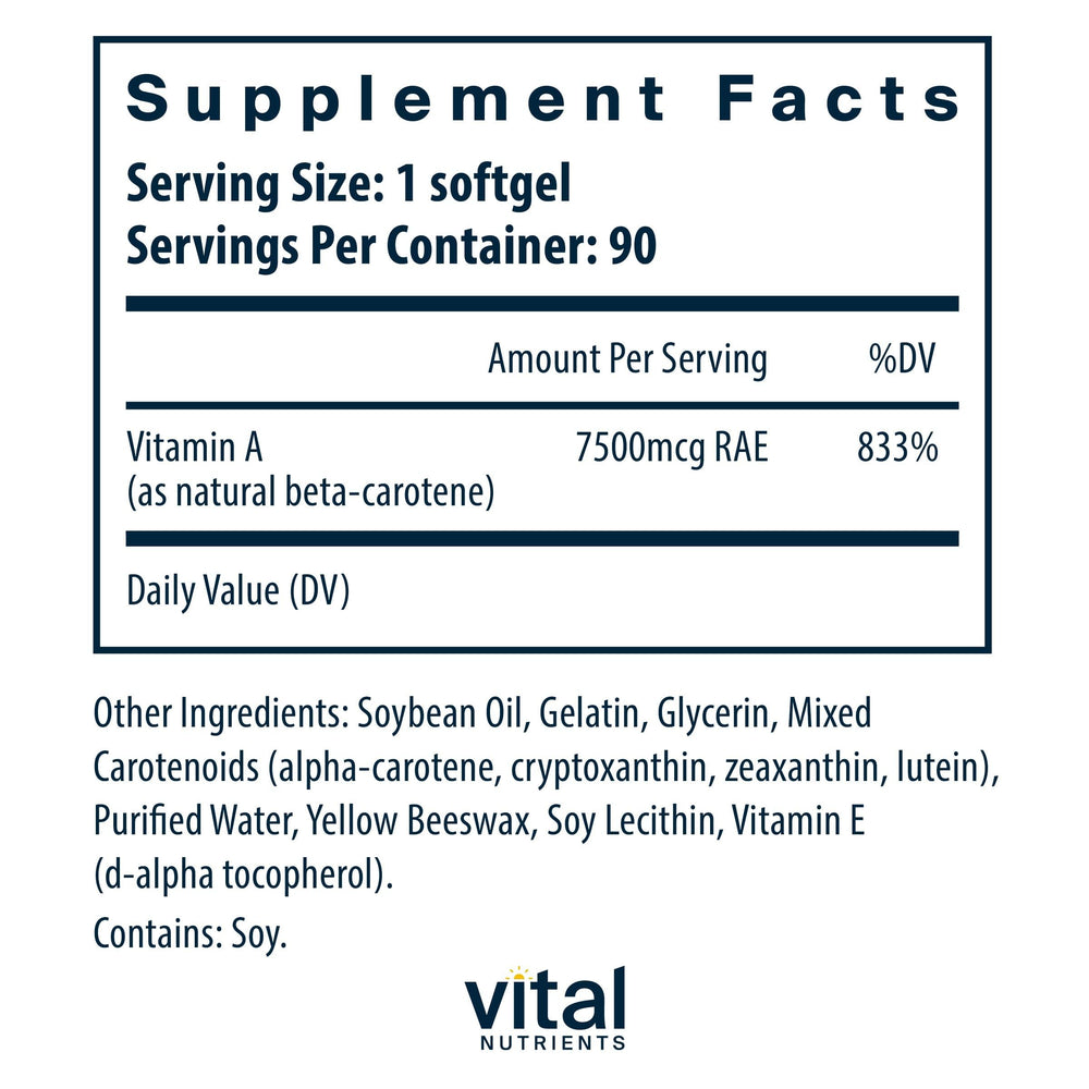 Vital Nutrients beta carotene capsules close-up showing convenient softgels.