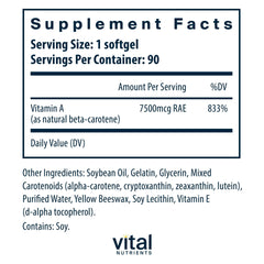 Vital Nutrients beta carotene capsules close-up showing convenient softgels.