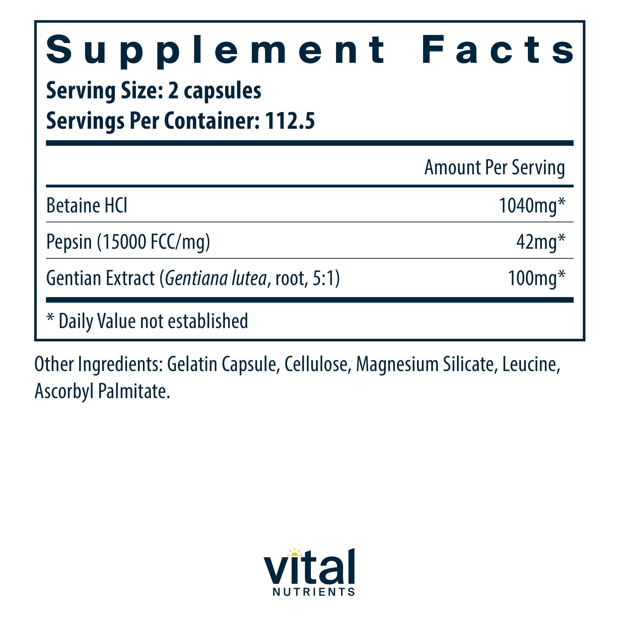 Vital Nutrients Betaine HCl Pepsin bottle back with usage guidance for digestive comfort.