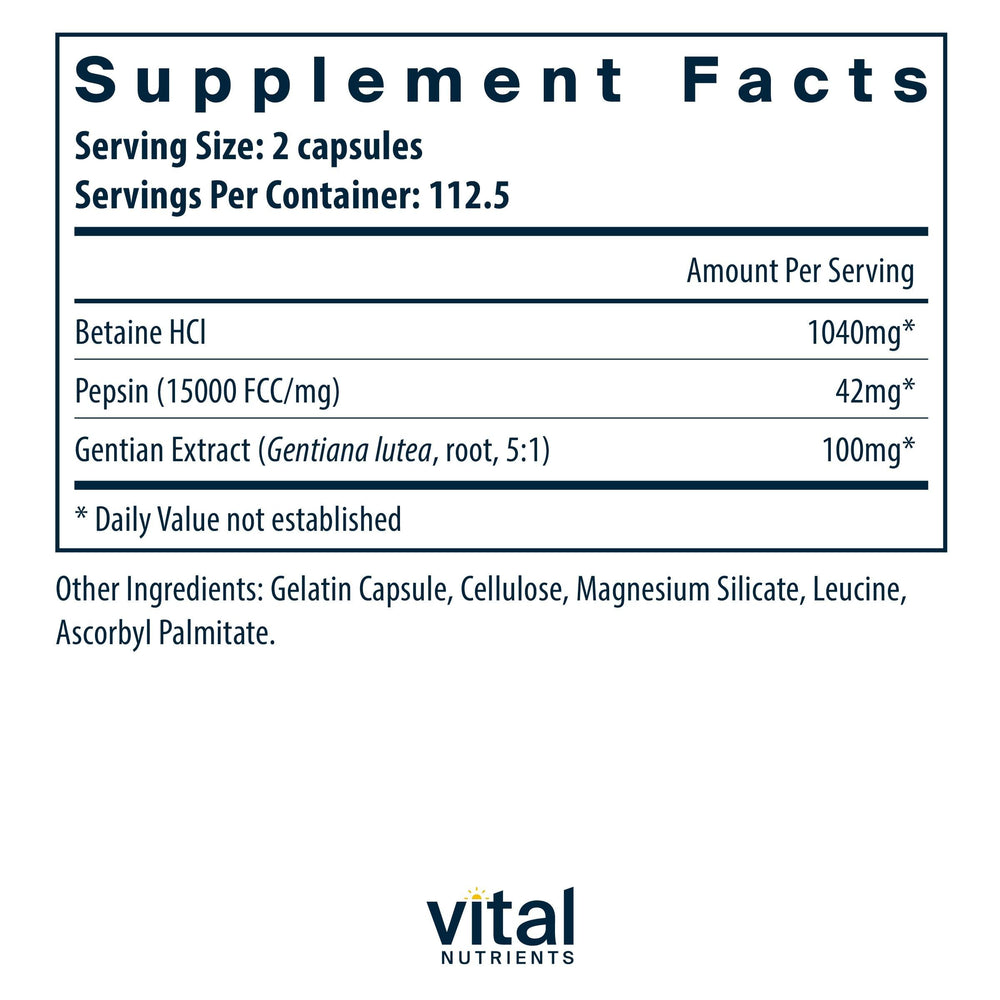 Vital Nutrients Betaine HCl Pepsin bottle back with usage guidance for digestive comfort.