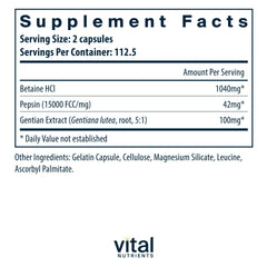Vital Nutrients Betaine HCl Pepsin bottle back with usage guidance for digestive comfort.